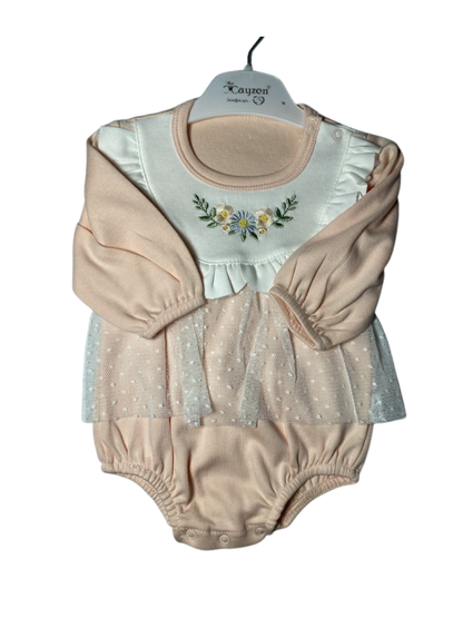 3-Piece Beige Floral Frock & Tights Set